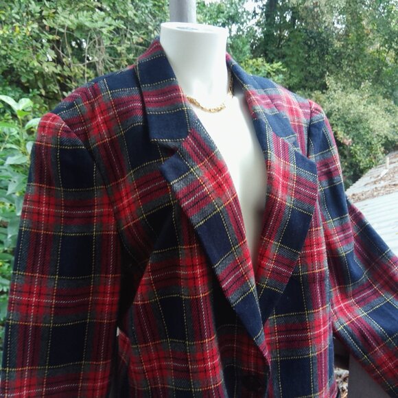 Vintage 80s 90s Wool Plaid Tartan Preppy Academia Oversized Blazer Women Sz 16 - Picture 5 of 8